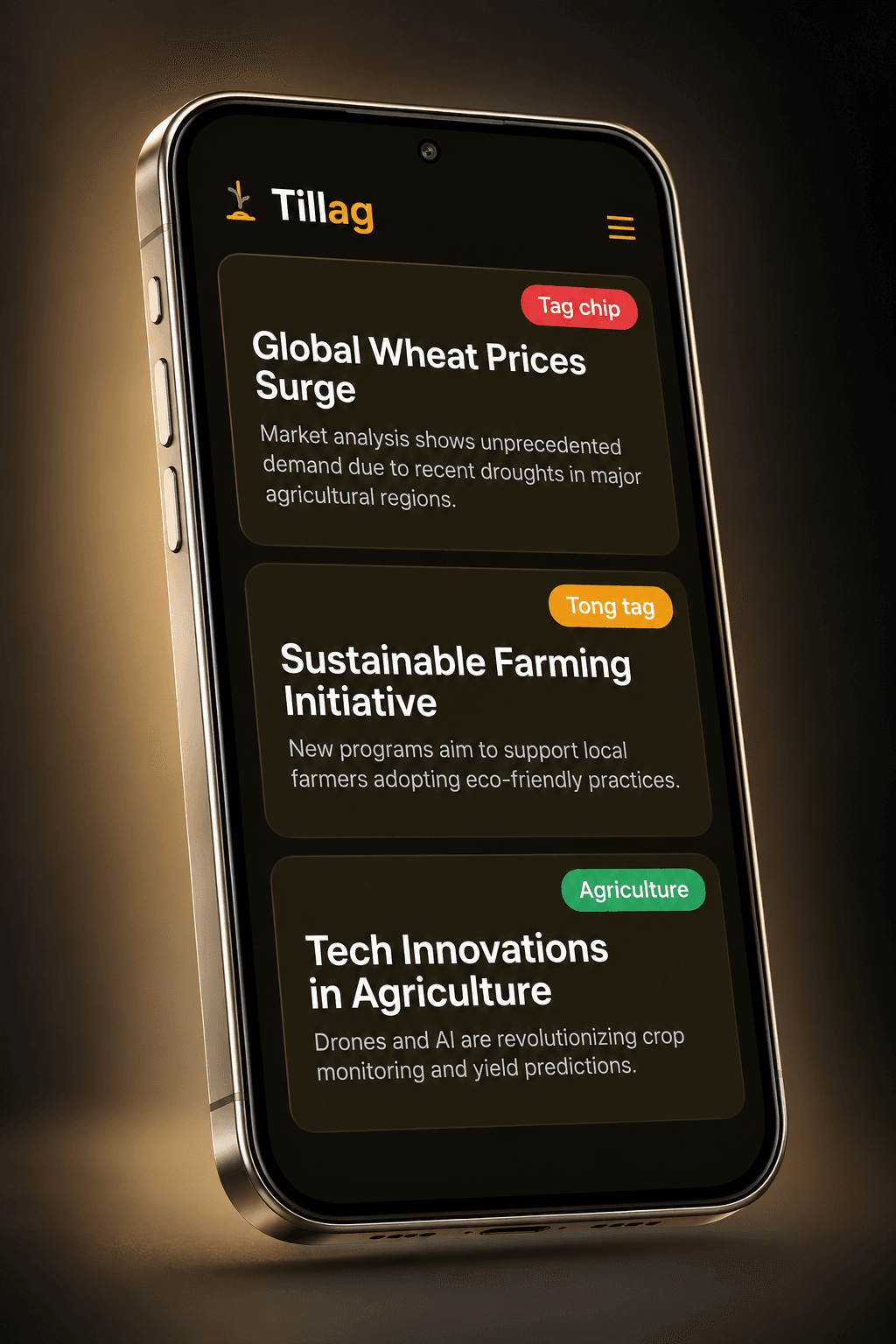 A phone showing the Tillag feed: three story cards, each with a topic tag, a headline and a short summary